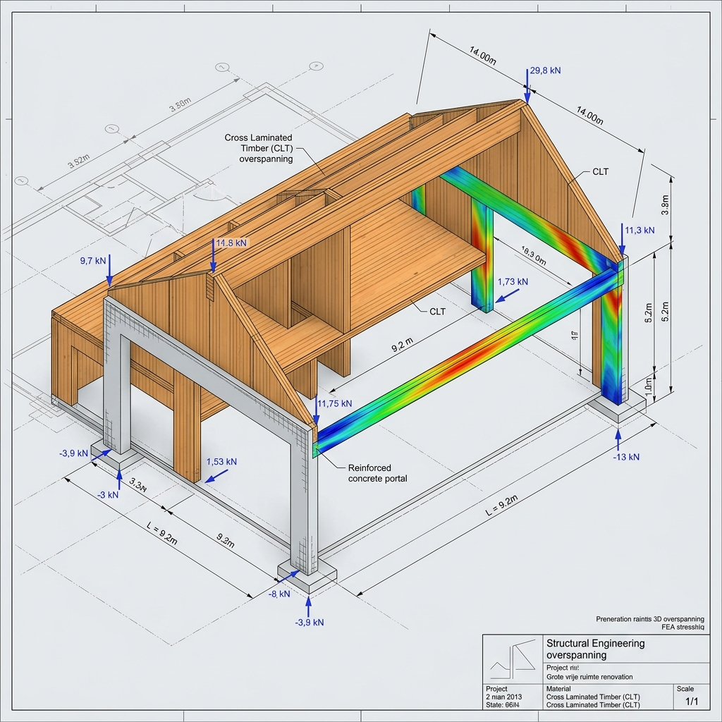 3D constructief model van een grote overspanning (vrije ruimte) met CLT portalen